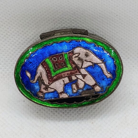 Vtg Silver Cloisonne Enamel Indian Elephant Hinged Pill Snuff Trinket Box - Picture 1 of 10